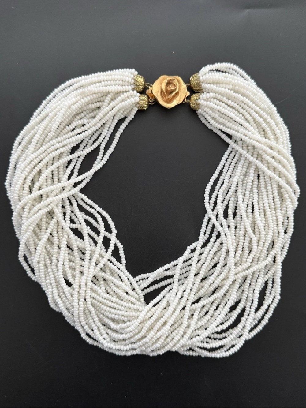 Vintage White Glass Seed Beed Multi-Strand Torsade Necklace with Gold Rose Clasp